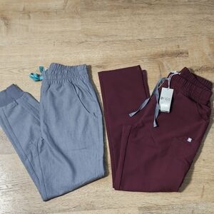 Pair of FIGS XS Petite scrub pants highwaisted Zamora and Lola gray maroon